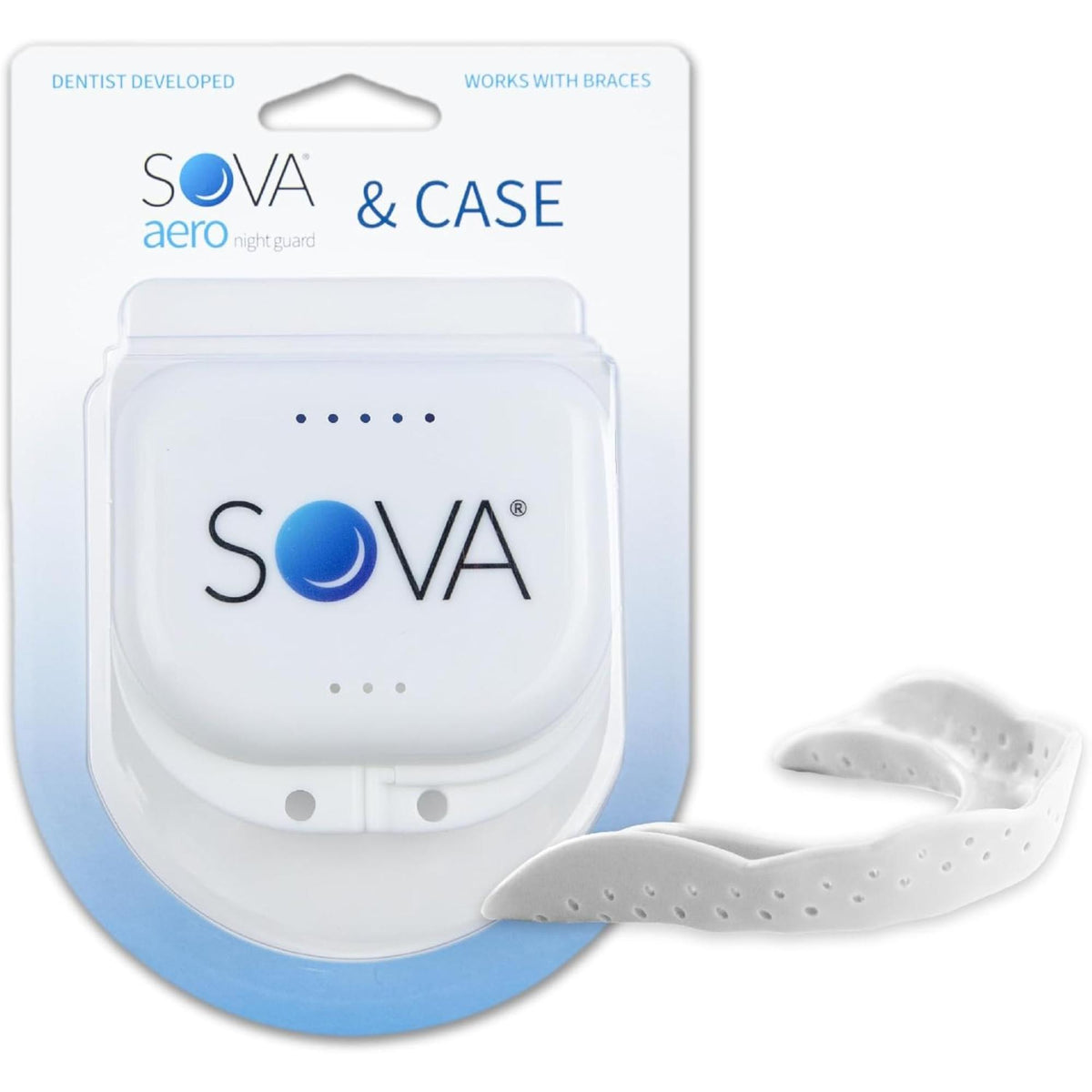 Dental night guard designed for teeth grinding protection, shown with molded guard and storage case.