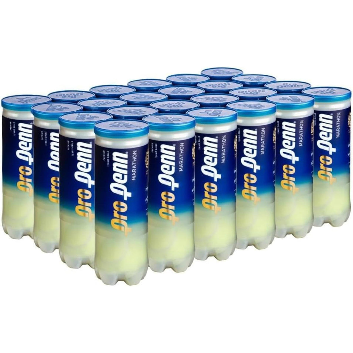 Case of Penn Pro Marathon regular duty tennis balls in multiple cans arranged together.