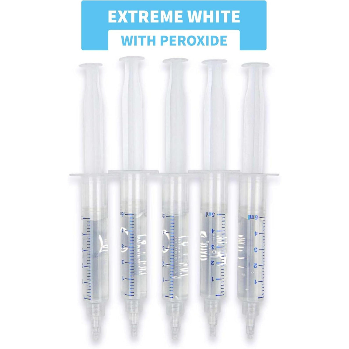 Pack of five teeth whitening gel syringes for dental treatment with peroxide.