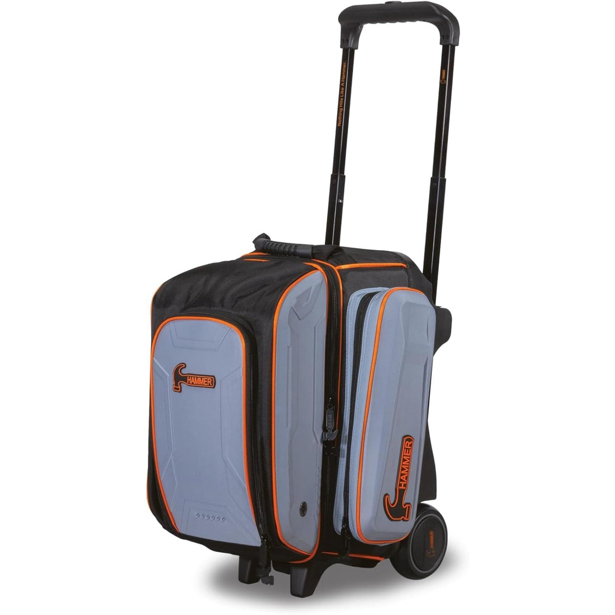 Double roller bowling bag with telescoping handle, wheels, hard shell panels, and multiple zippered compartments for secure storage and easy transport of bowling equipment.