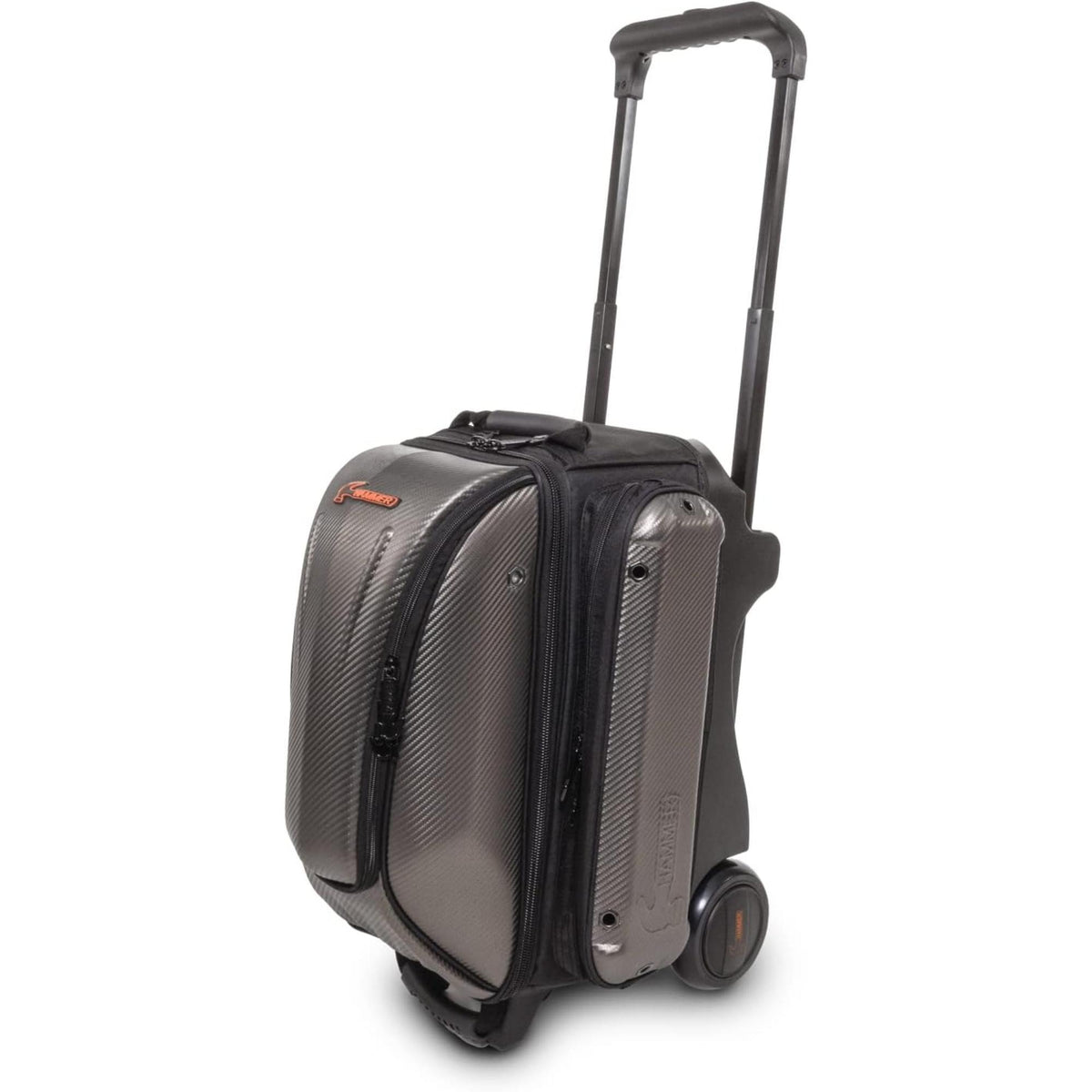 Double roller bowling bag with hard shell exterior, telescoping handle, wheels, and multiple zippered compartments for secure storage and easy transport of bowling equipment.