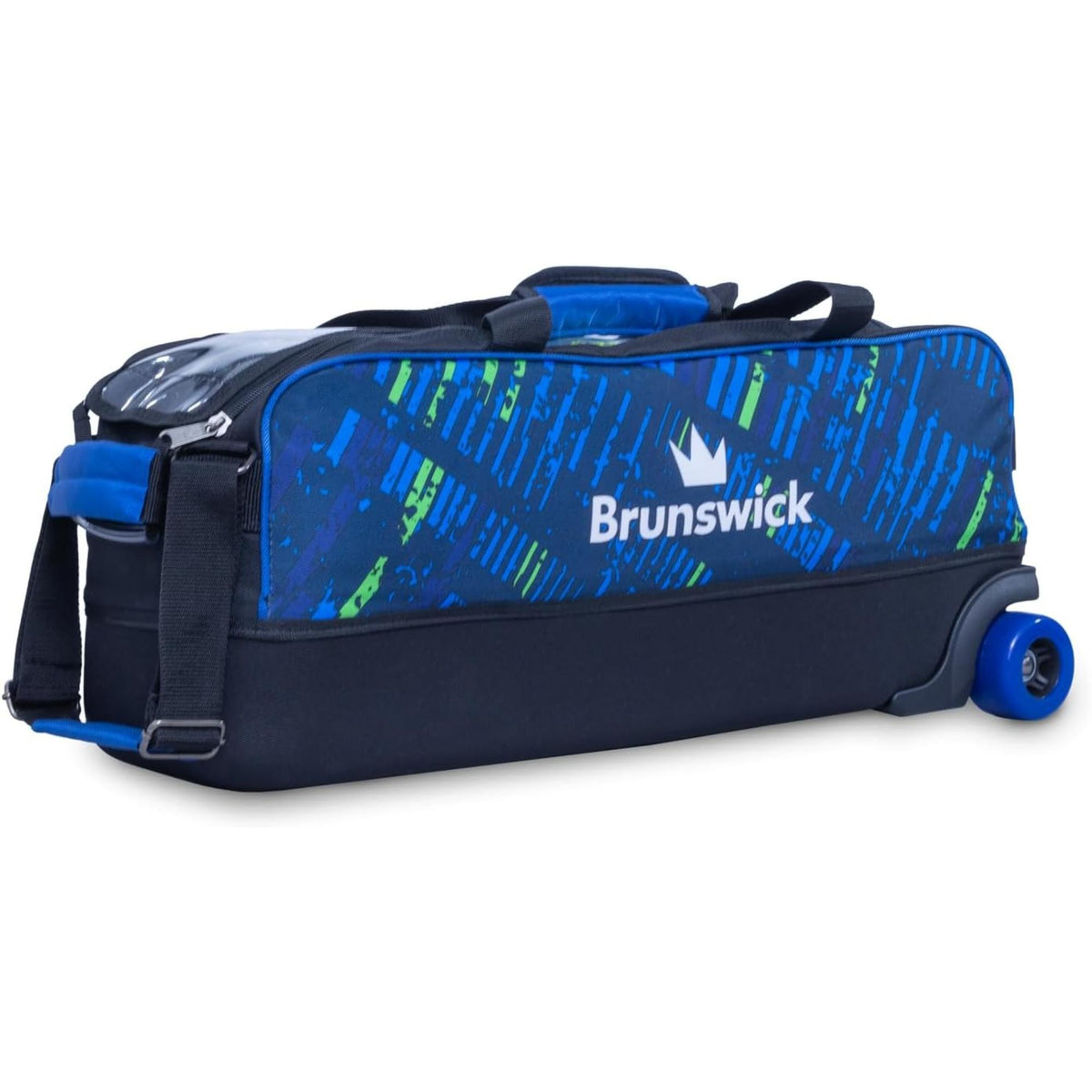Triple bowling ball roller bag with wheels and handle, featuring multiple compartments, zippered storage pockets, and reinforced straps for easy transport and organization of gear.