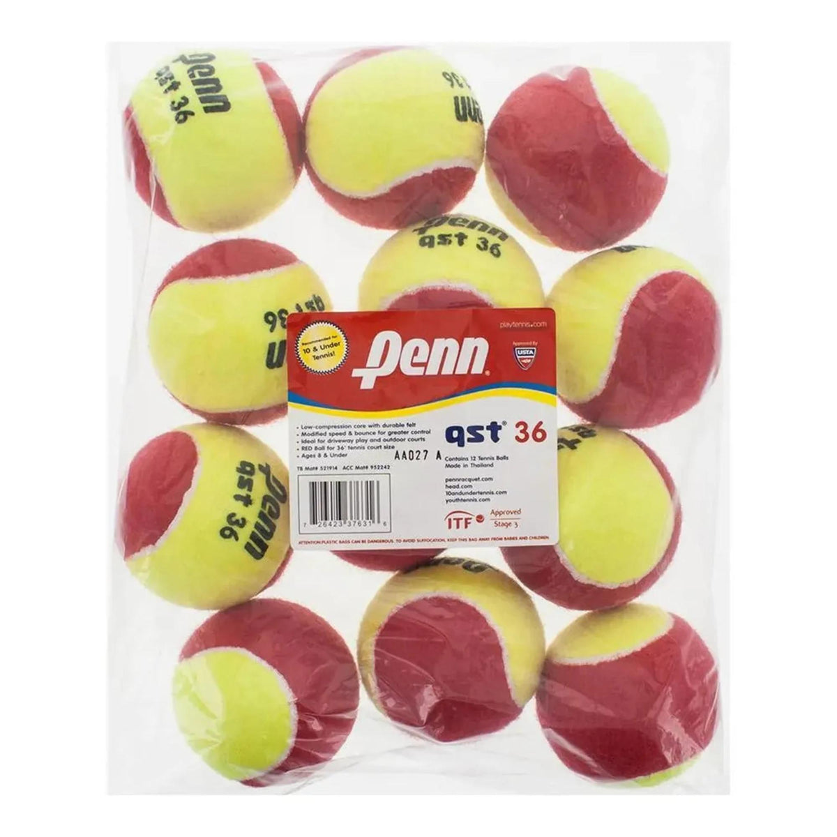 Bag of Penn QST 36 felt tennis balls designed for beginner and training use.