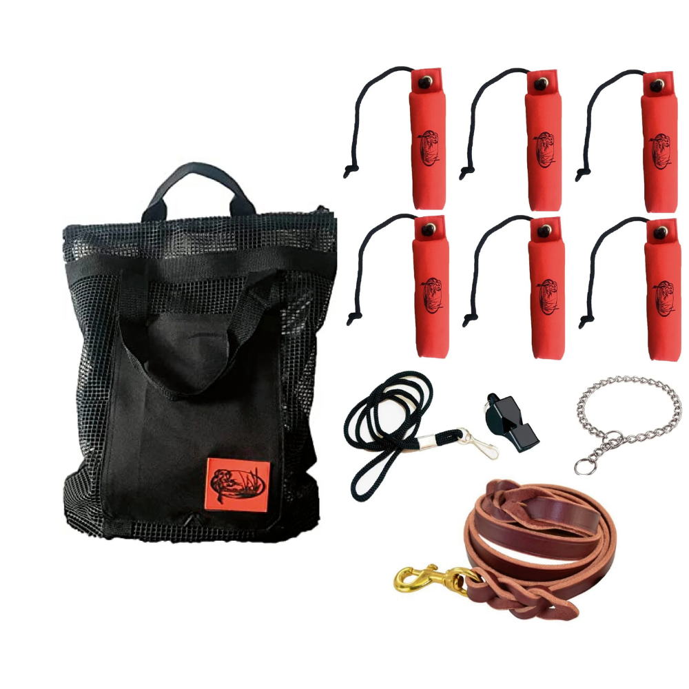 HuntEmUp Hunting Dog Essentials Training Kit - Large Canvas Orange Bumpers 6pc + Mesh Bumper Bag + Whistle & Lanyard + Braided Leather Leash + Training Chain