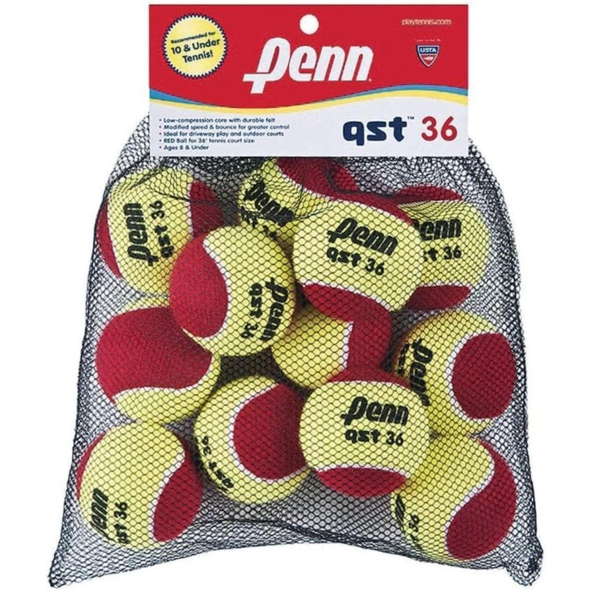 Mesh bag containing Penn QST 36 felt tennis balls designed for training and beginner play.