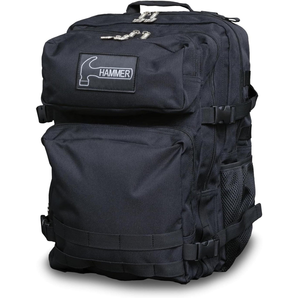 Tactical-style bowling backpack with multiple zippered compartments, adjustable straps, and storage pockets for carrying bowling gear and accessories.