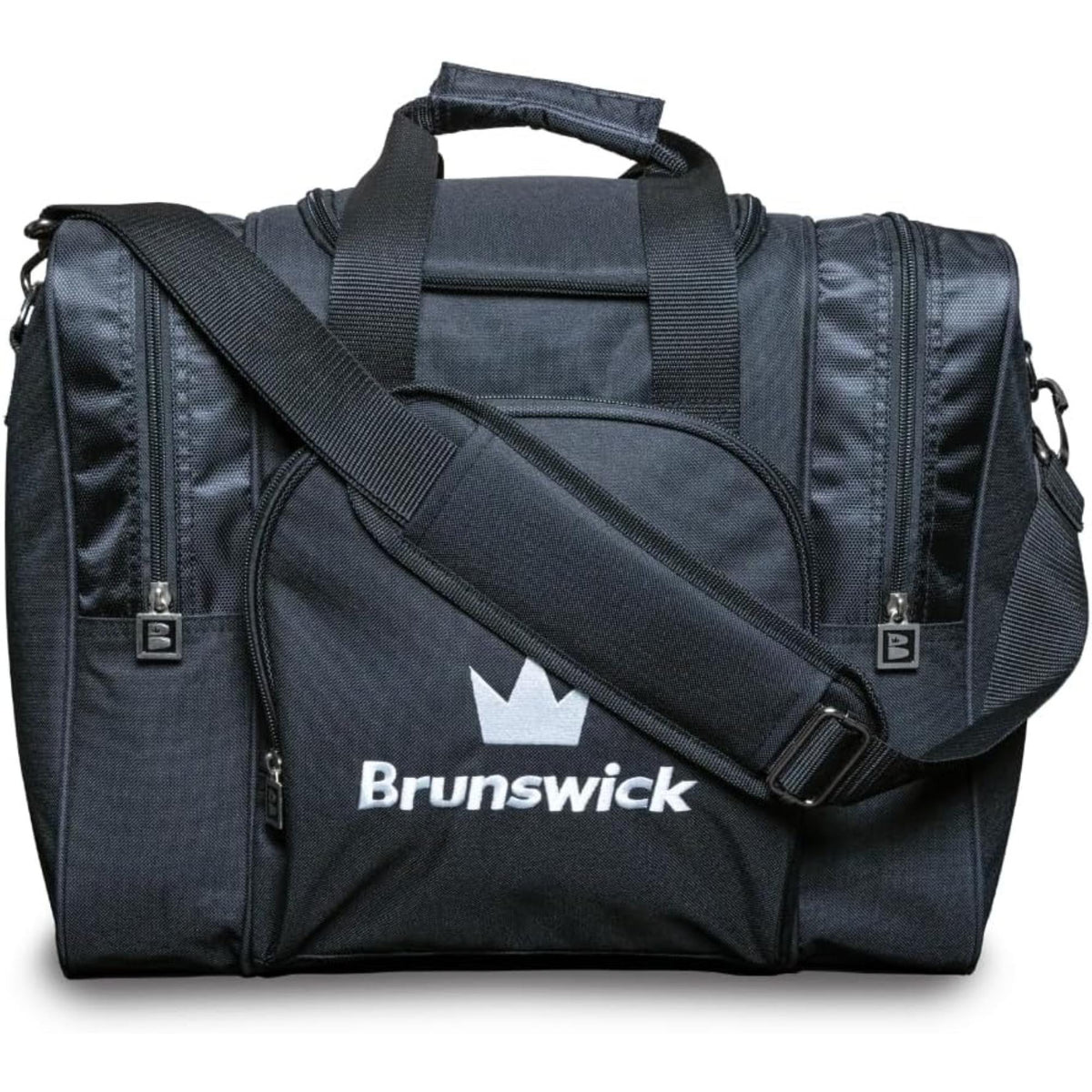 Single bowling ball tote bag with a zippered main compartment, padded shoulder strap, and multiple accessory pockets for convenient storage and transport.