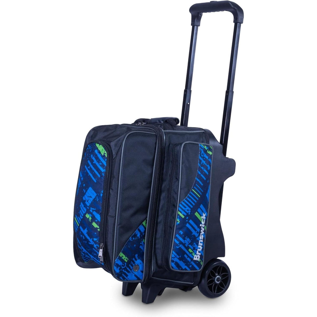Double bowling ball roller bag with an extendable handle, smooth-rolling wheels, multiple zippered compartments, and reinforced design for convenient transport and storage of bowling equipment.