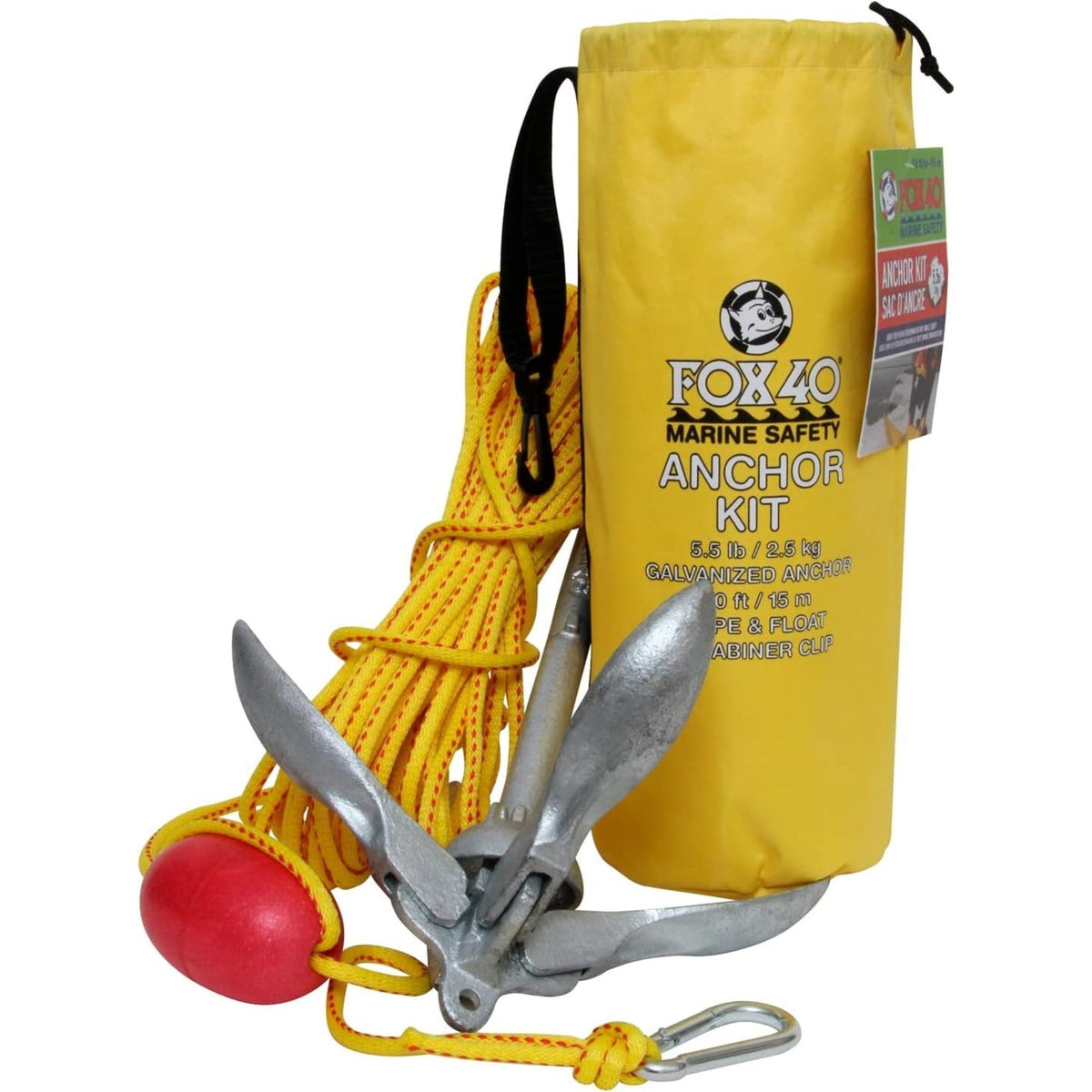 Anchor kit with a folding anchor, rope, float, and storage bag designed for securing small boats or watercraft.