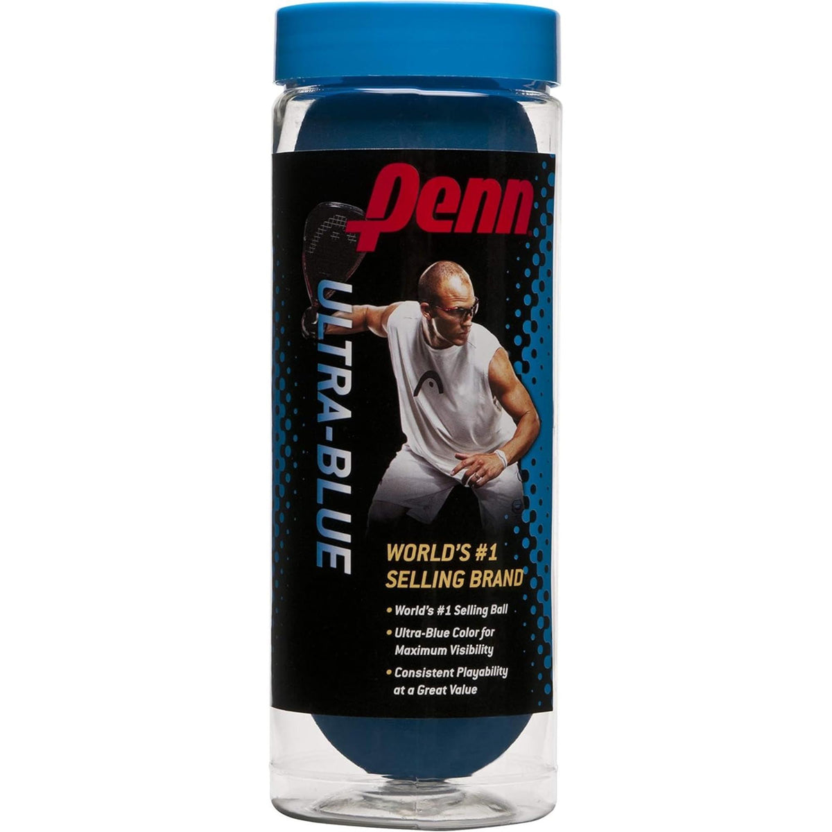 Can of Penn Ultra Blue racquetballs containing three balls.