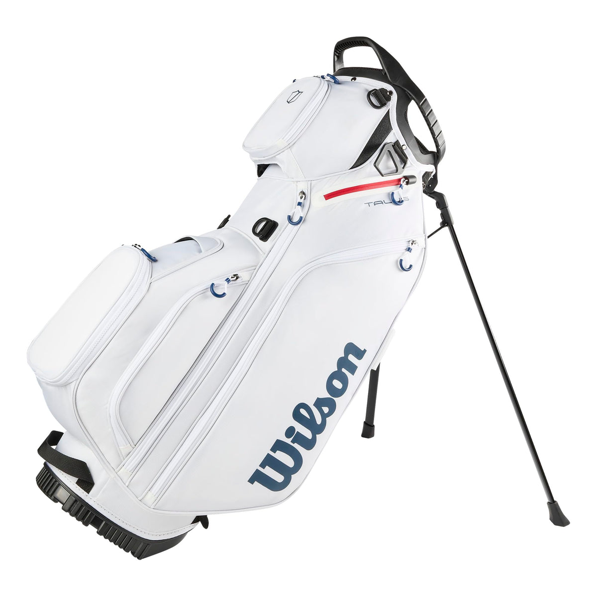 Wilson Talus 5 Stand Bag in White, Red, and Blue with five-way top, nine pockets, and integrated stand legs on a white background.