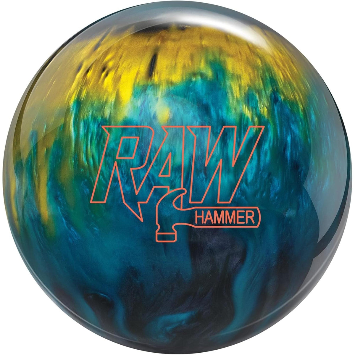 Swirled bowling ball with a glossy finish featuring a bold brand logo, designed for performance and durability on the lanes.