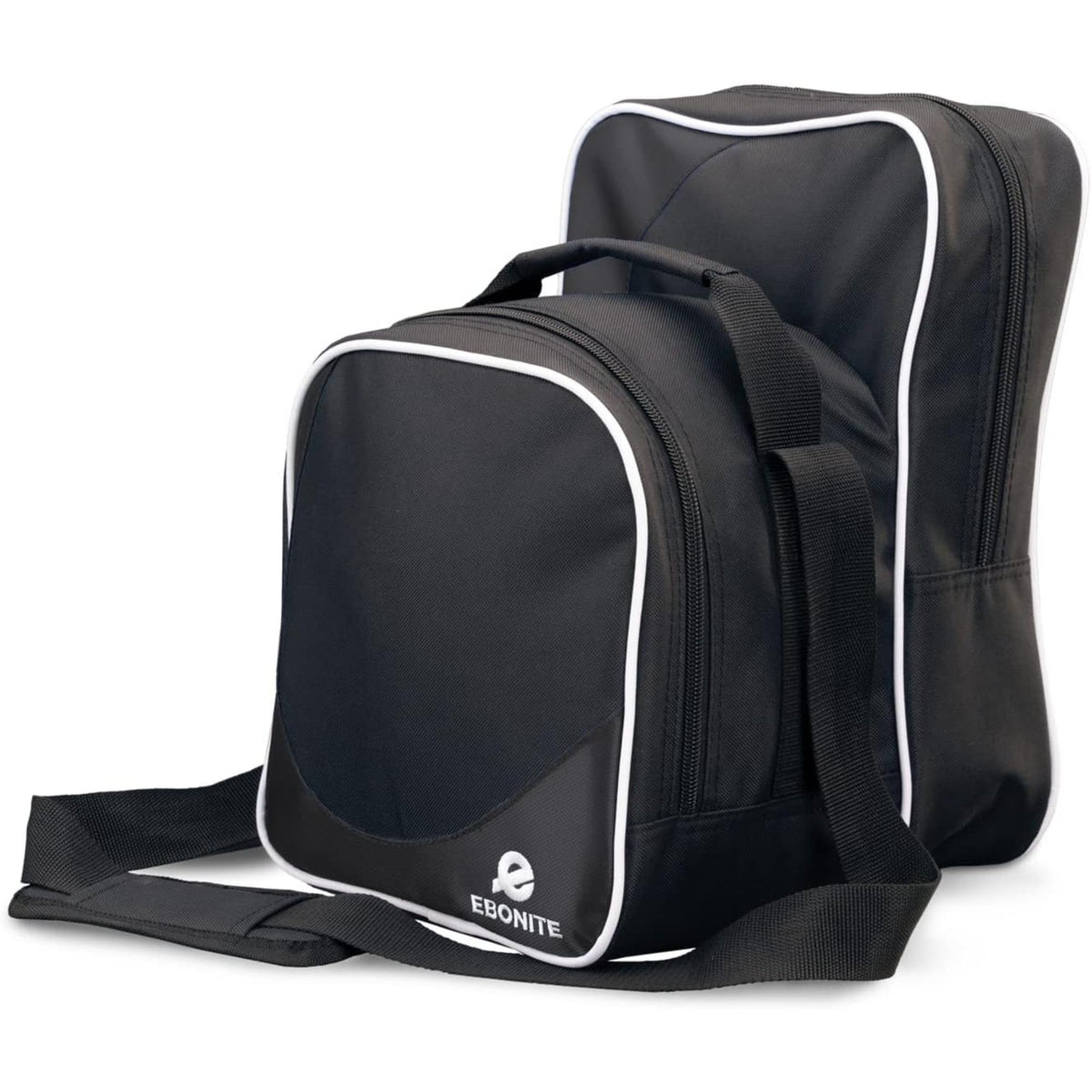 Compact bowling bag with zippered compartments, carry handle, and adjustable shoulder strap for convenient storage and transport of bowling gear.
