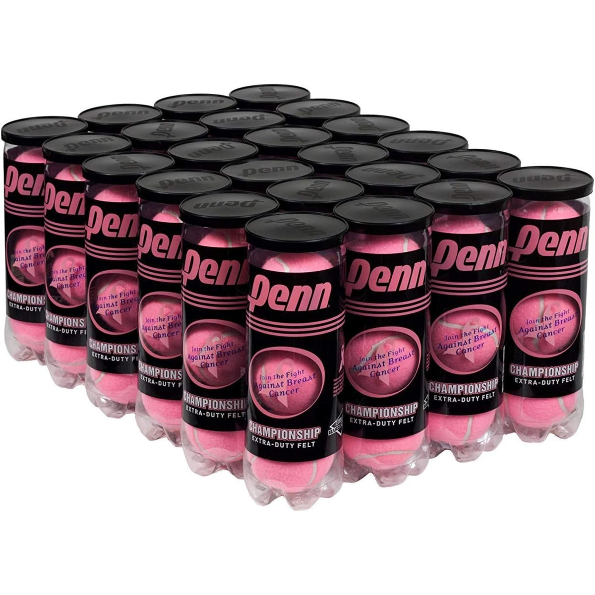 Case of tennis balls in multiple cans with labeled packaging and sealed lids.