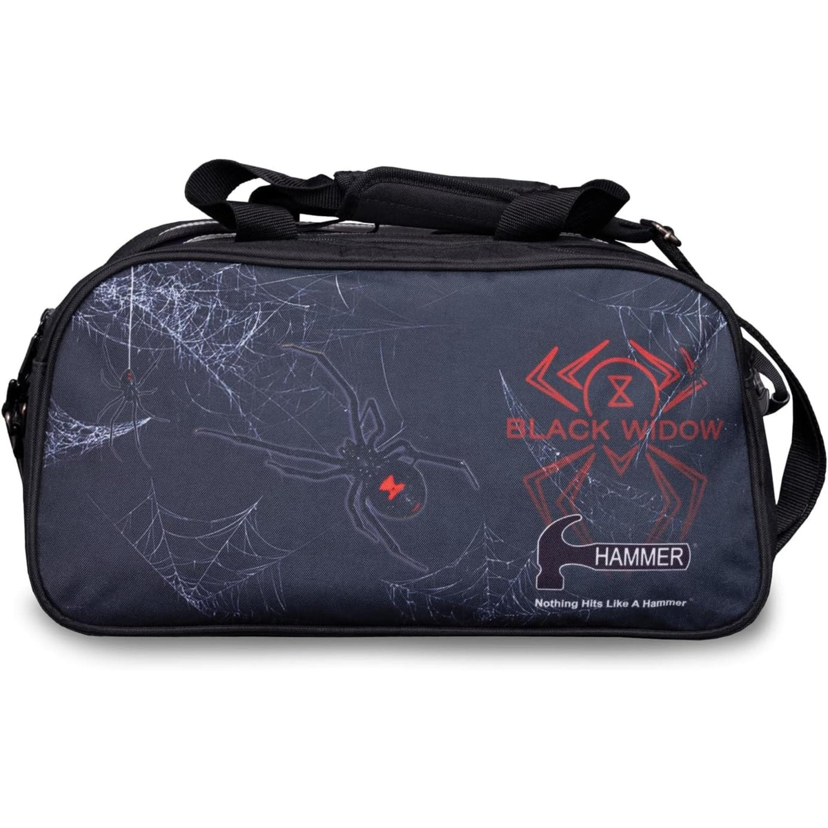 Double bowling ball tote bag with zippered compartments, carry handles, and adjustable shoulder strap for convenient transport of bowling equipment.