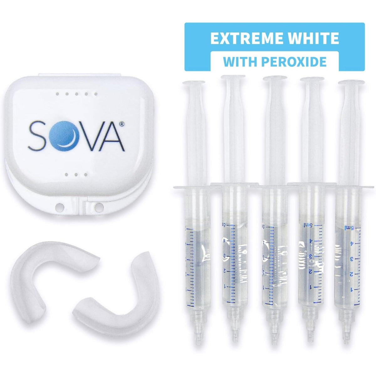 Teeth whitening kit bundle with dental tray, storage case, and multiple gel syringes for whitening treatment with peroxide.