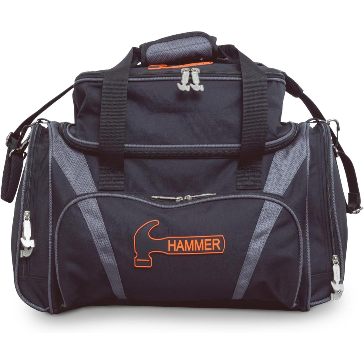 Double tote bowling bag with carrying handles, shoulder strap, and multiple zippered compartments for transporting two bowling balls and accessories.