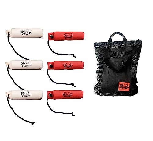 HuntEmUp Hunting Dog Training Equipment - 6 pc Canvas Bumpers With Throw Ropes + Mesh Bumper Bag