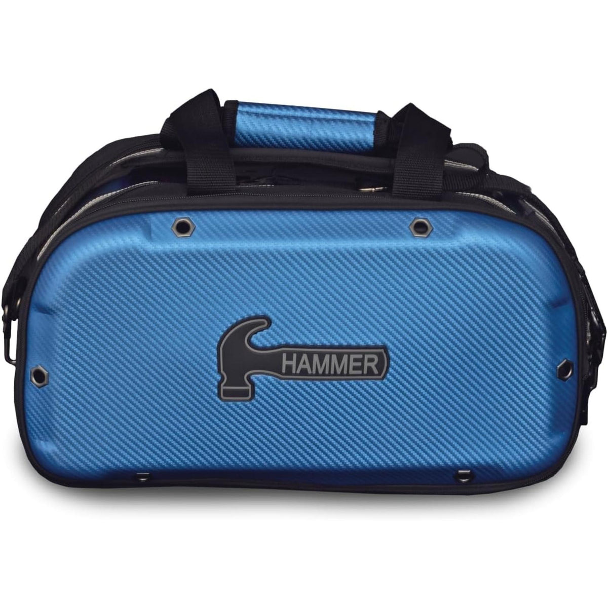 Double bowling ball tote bag with hard shell exterior, zippered compartments, and carry handles for secure storage and transport of bowling equipment.