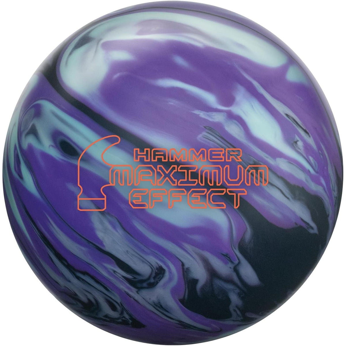 Bowling ball with a glossy finish and swirling pattern design, featuring a brand logo and text printed on the surface.