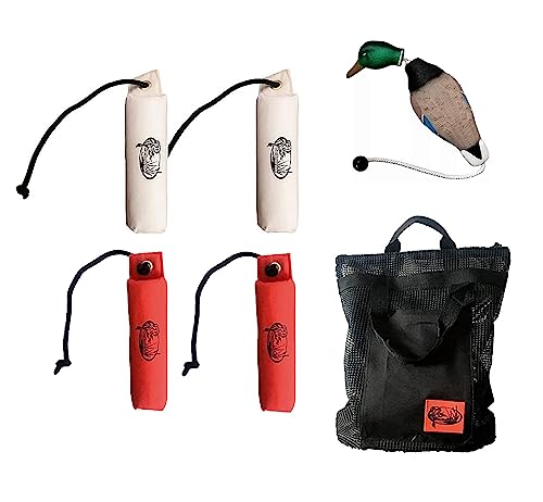 HuntEmUp Hunting Dog Training Equipment - 4 pc Canvas Bumpers With Throw Ropes + Dead Fowl Mallard Dummy + Mesh Bumper Bag
