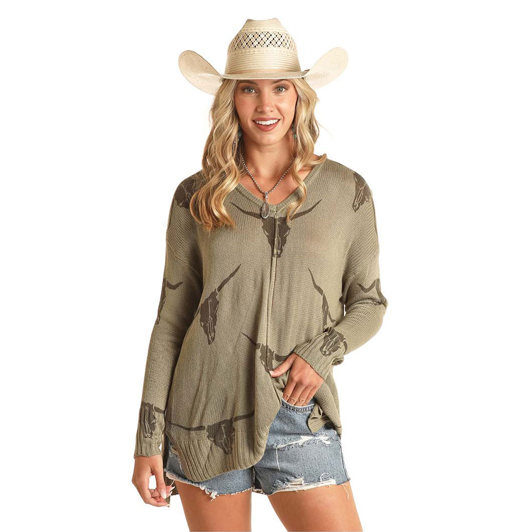 Rock & Roll Denim Ladies Sweater w/ Longhorn Design