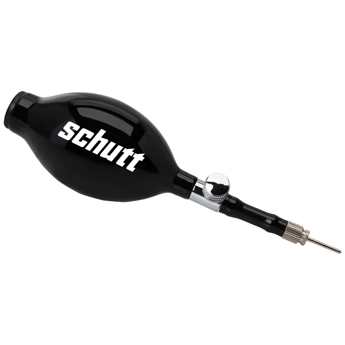 SCHUTT black air inflator pump with metal needle attachment on a white background.
