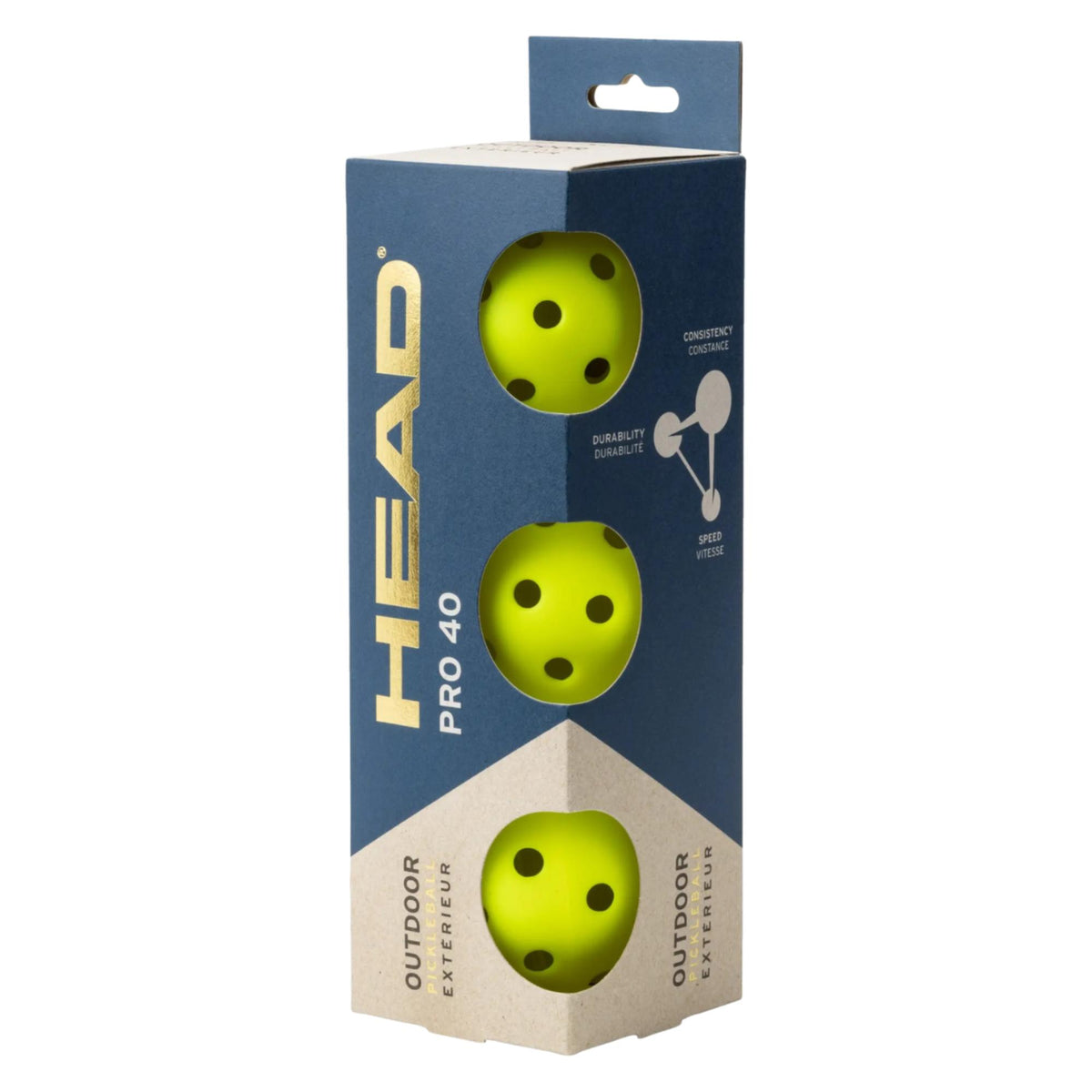 Box of outdoor pickleballs with three perforated balls visible through circular cutout windows in the packaging.