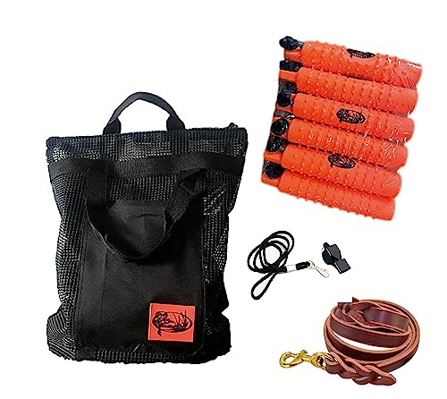 HuntEmUp Hunting Dog Essentials Training Kit - 3 in Orange Plastic Bumper with Throw Rope 6pc + Mesh Bumper Storage Bag + Whistle & Lanyard + Braided Leash