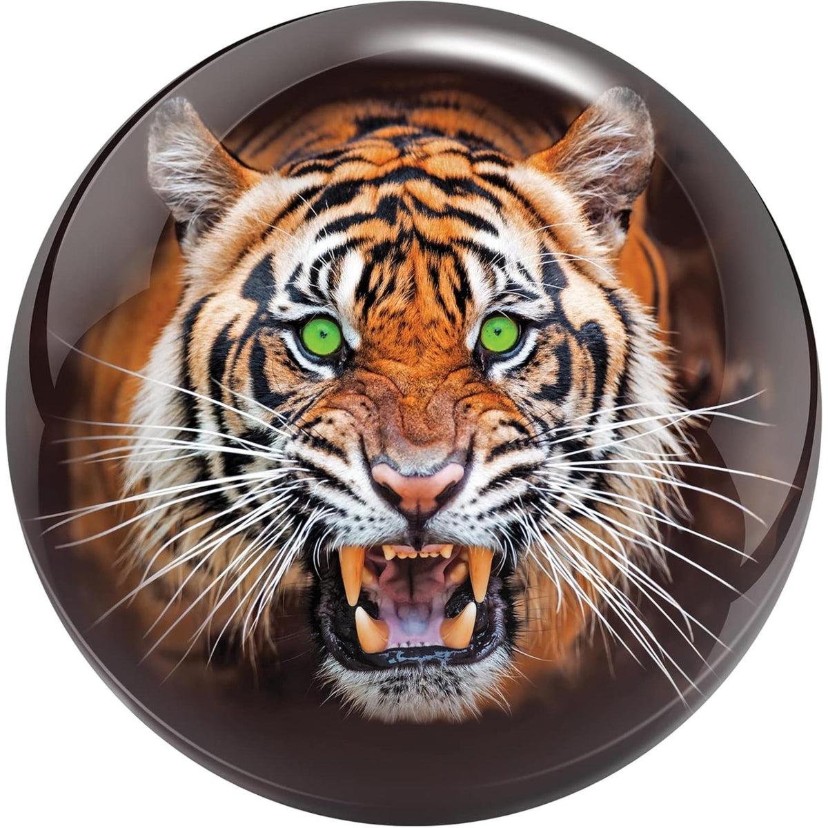 Bowling ball featuring a detailed close-up image of a tiger’s face with an open mouth, showing teeth and intense expression.
