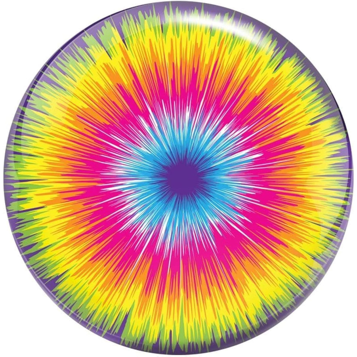 Bowling ball featuring a vibrant tie-dye burst pattern with radiating streaks forming a dynamic circular design from the center outward.