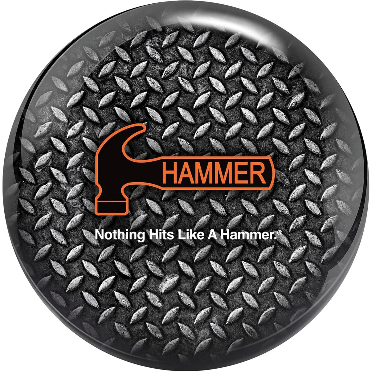 Bowling ball featuring a diamond plate pattern design with brand logo, suitable for recreational or spare shooting use.