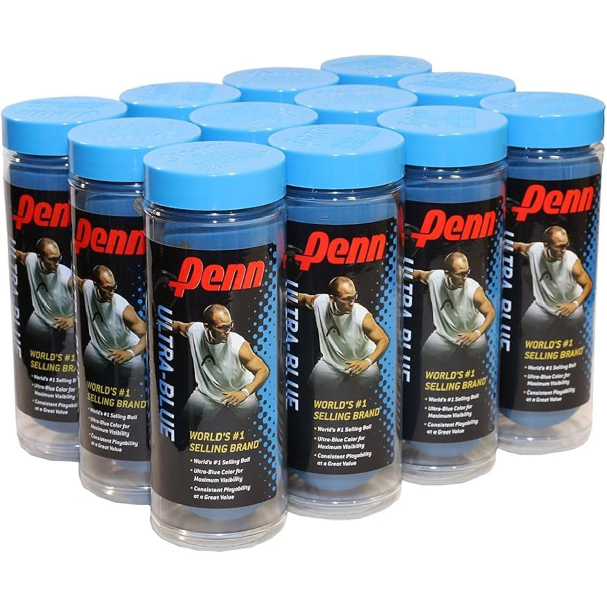 Pack of Penn Ultra Blue racquetballs in multiple cans grouped together.