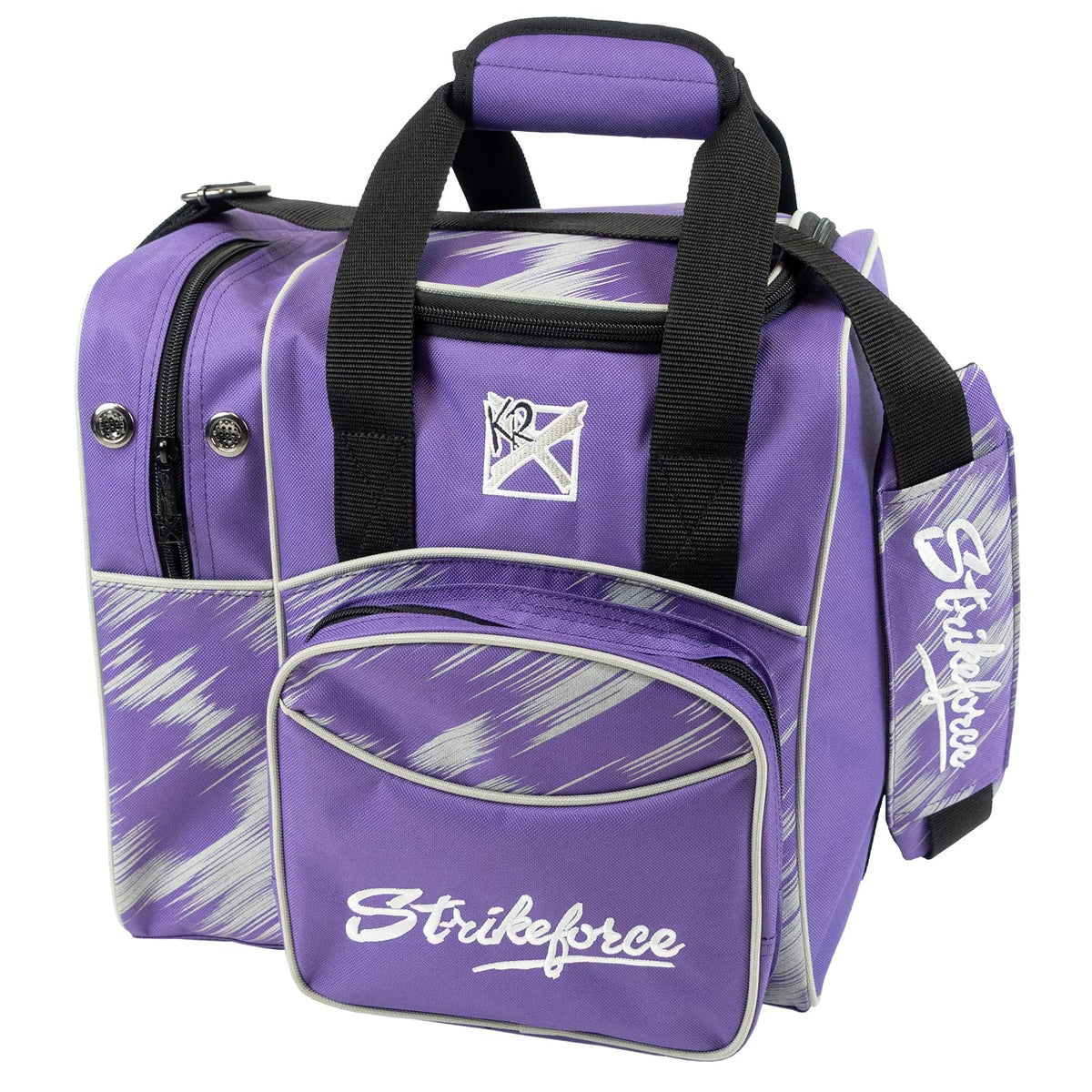 KR Strikeforce Flexx Single Tote Bowling Bag with Side Shoe Compartment and Front Accessory Compartment (Purple/Silver) - view 1