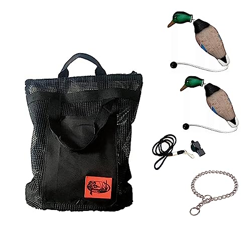 HuntEmUp Hunting Dog Essentials Training Kit - Mesh Bumper Storage Bag + Dead Fowl Mallard Dummy 2pc + Whistle & Lanyard + Training Chain