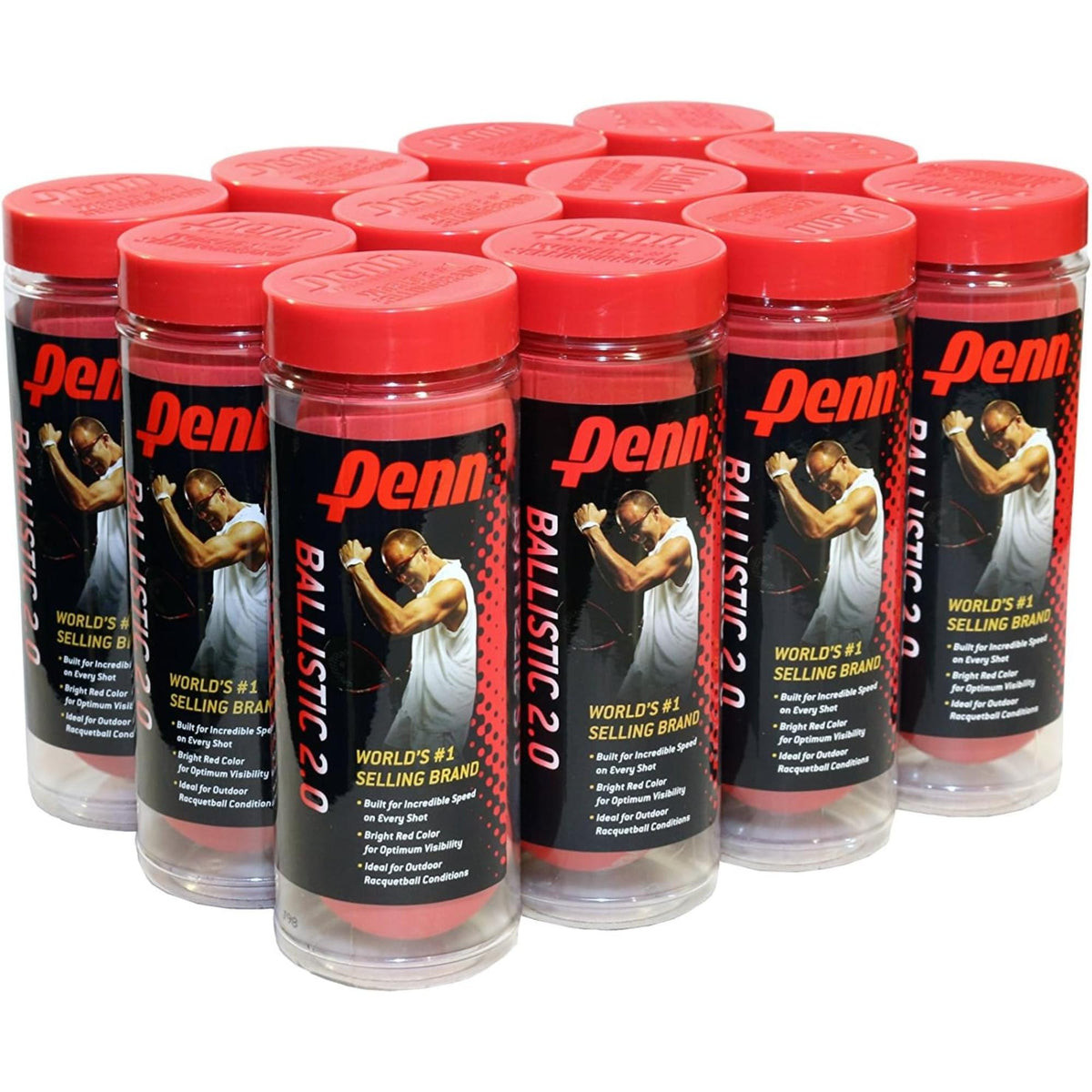 Pack of racquetballs in multiple cans with labeled packaging and sealed lids.