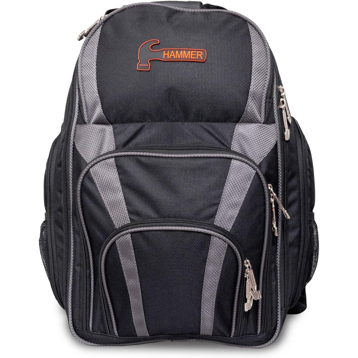 Bowling backpack with multiple zippered compartments, front storage pockets, and side mesh pockets designed for carrying gear and accessories.