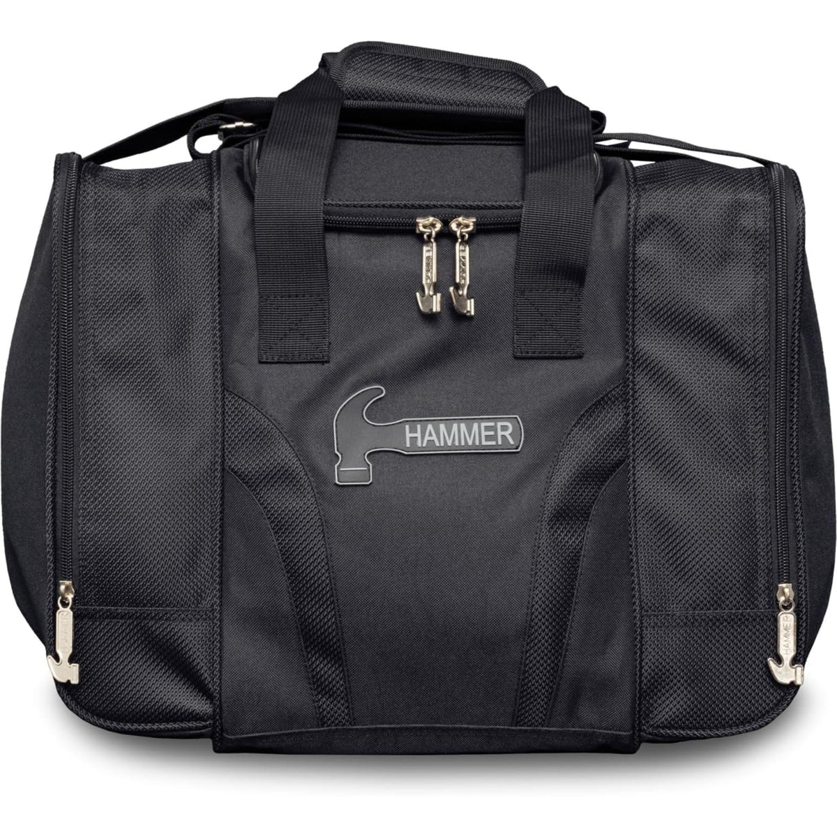 Single tote bowling bag with carrying handles, zippered compartments, and side pockets for storing one bowling ball and accessories.