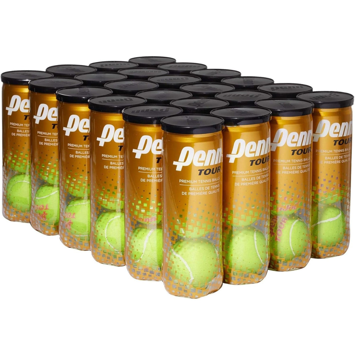 Case of Penn Tour regular duty felt tennis balls in multiple cans arranged together.