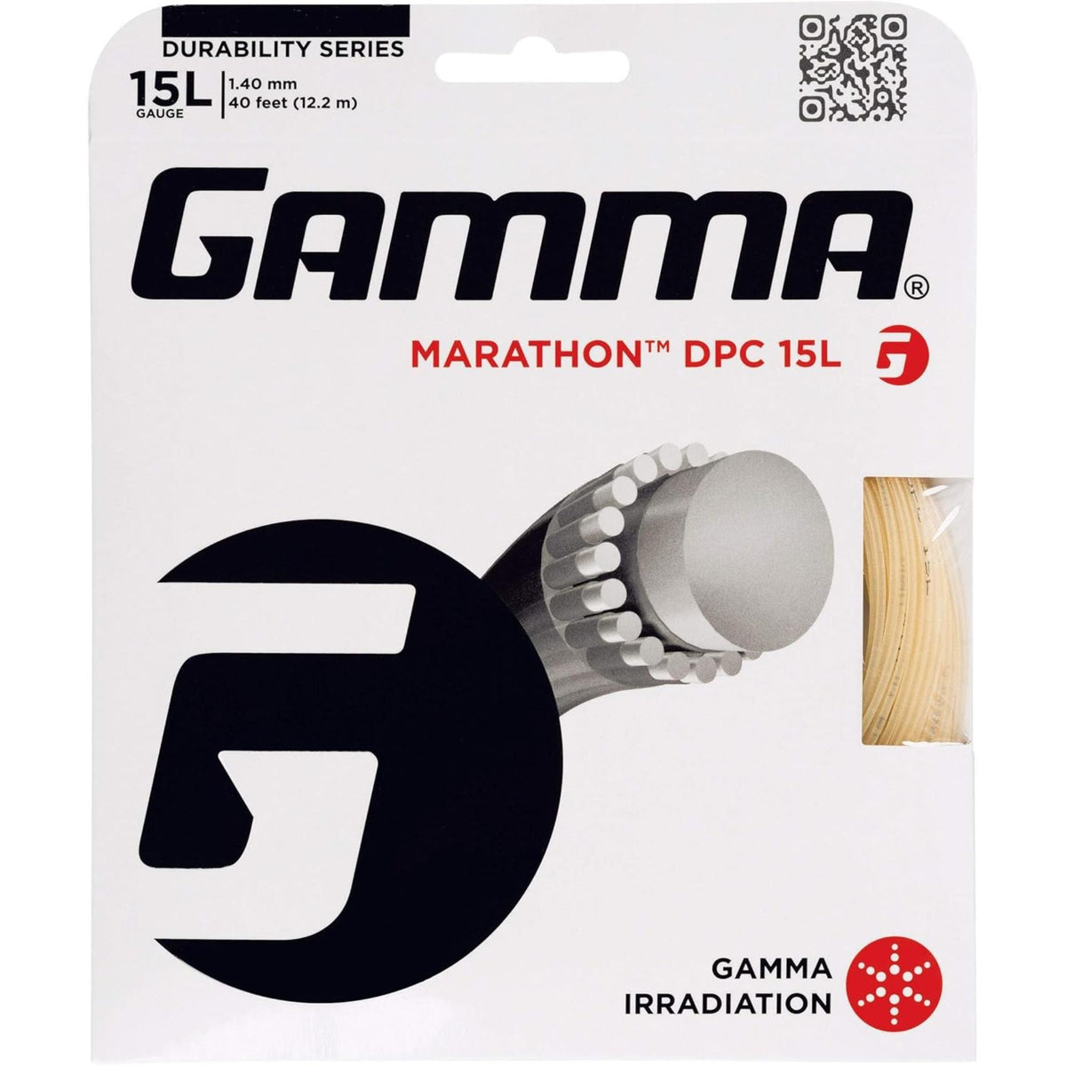 Packaged durable tennis string designed for long-lasting performance and resistance, displayed in retail packaging.