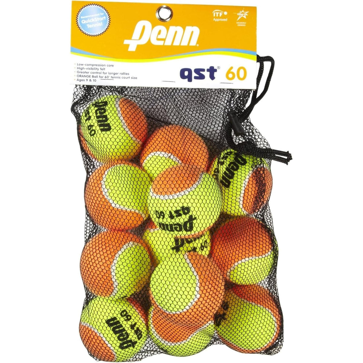 Mesh bag of Penn QST 60 tennis balls with orange dot design for beginner and youth training.