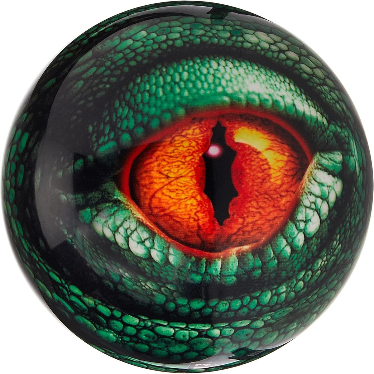 Bowling ball featuring a detailed graphic of a reptile eye with textured scales and a large, striking pupil design.