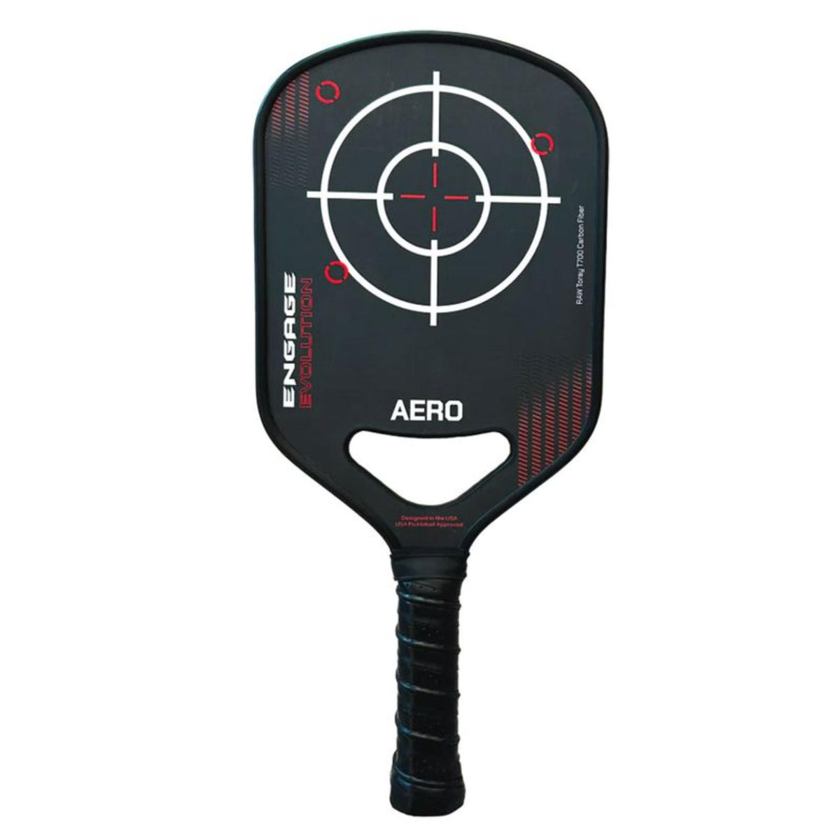 Engage Evolution Aero pickleball paddle with aerodynamic cutout design, black carbon fiber face, red accent graphics, and target-style sweet spot marking.