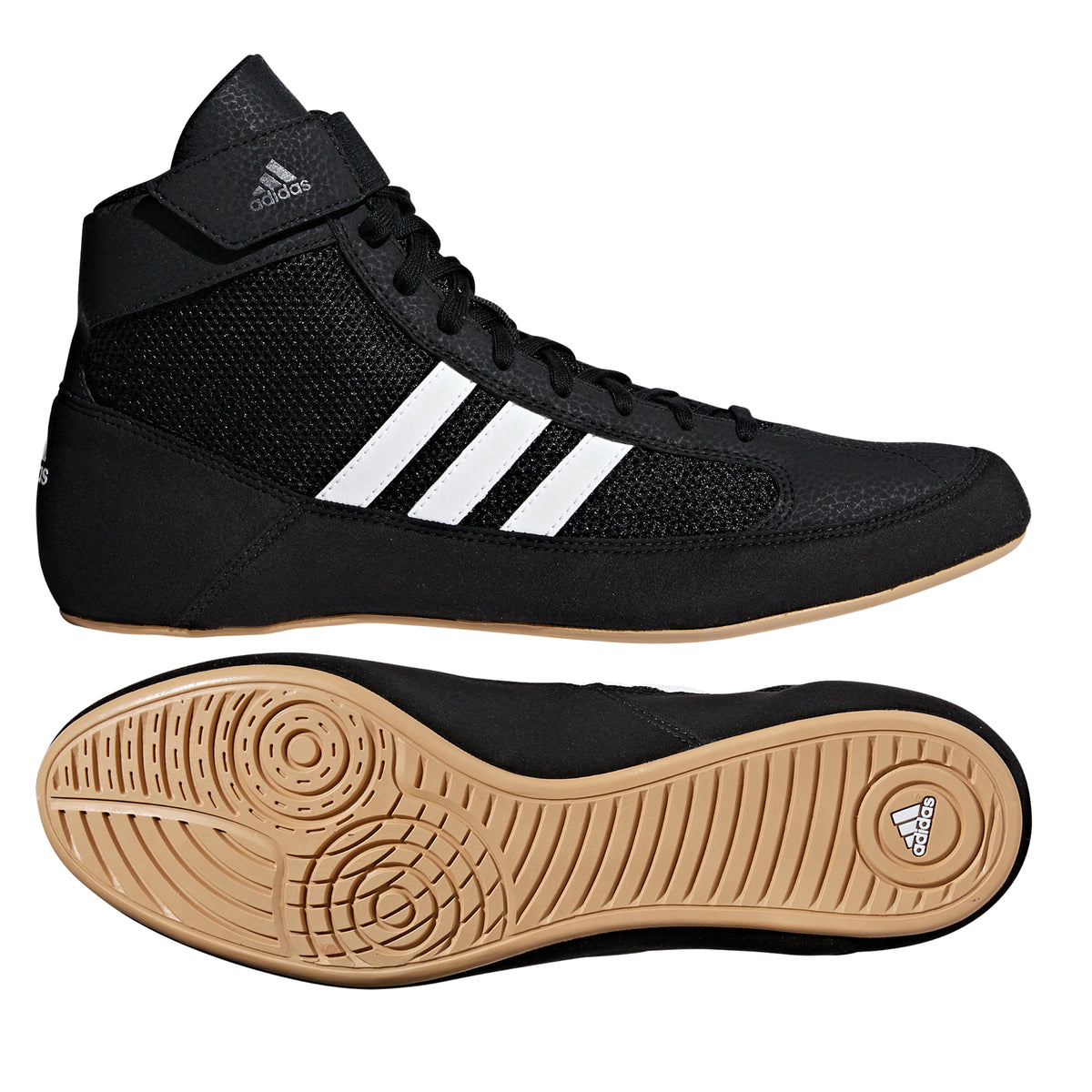 Black high-top youth wrestling shoes with a breathable mesh upper, black laces, padded ankle strap, and three white diagonal stripes on the side; shown from side and sole views, featuring a tan gum rubber outsole with circular traction patterns and Adidas logo for grip, stability, and mat control.