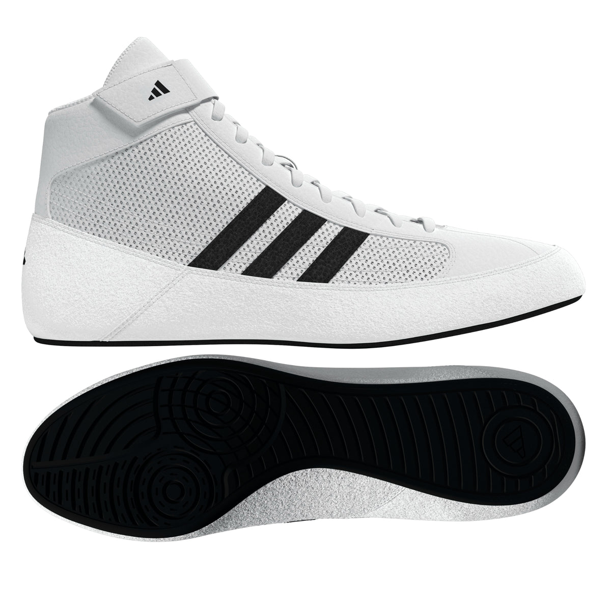 White high-top wrestling shoe with a breathable mesh upper, white laces, padded ankle strap, and three black diagonal stripes on the side; shown from side and sole views, featuring a black low-profile outsole with circular traction patterns and Adidas logo for grip, stability, and mat control.