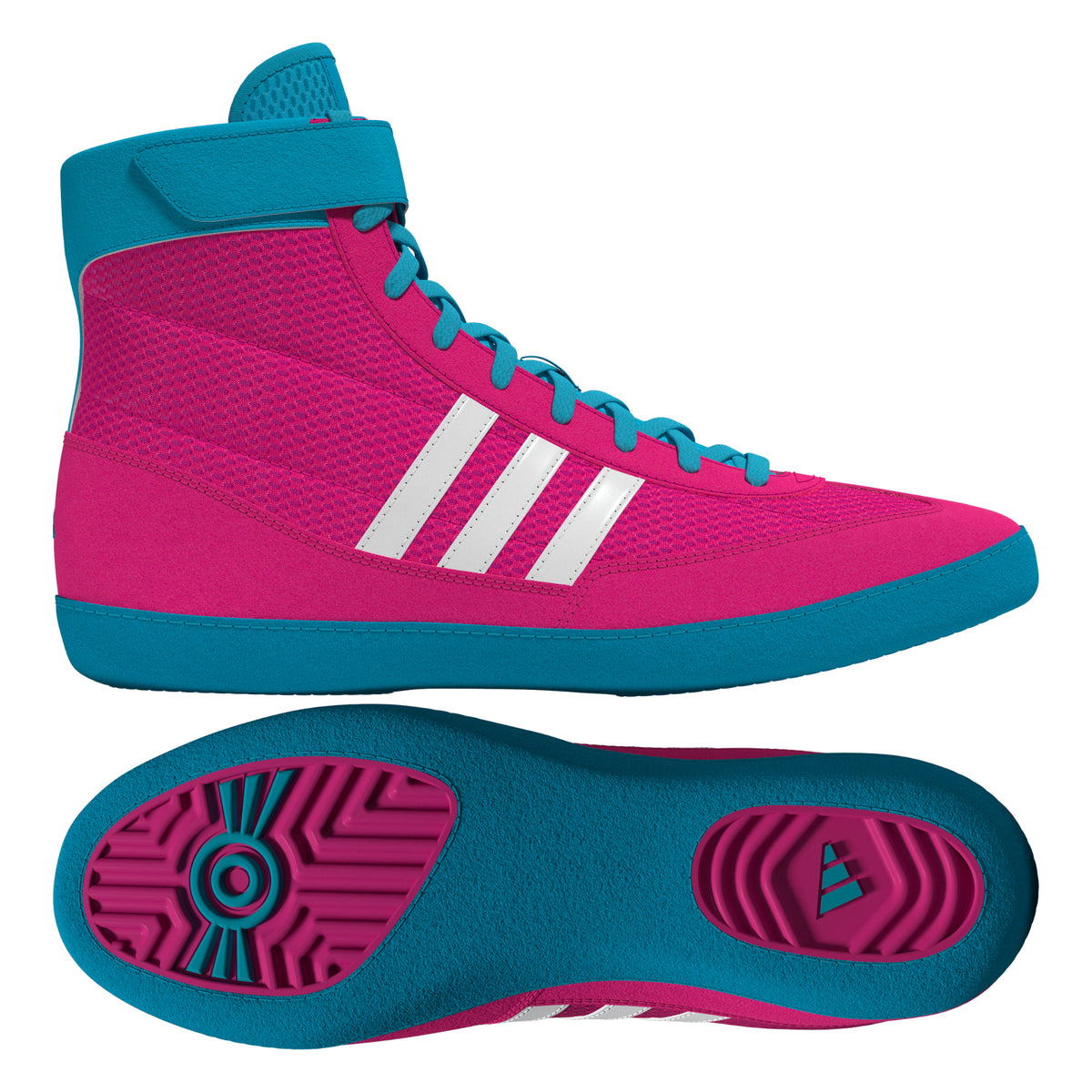 Adidas Combat Speed 4 Pink White Cyan Wrestling Shoes in Pink/White/Cyan - side and outsole feature view