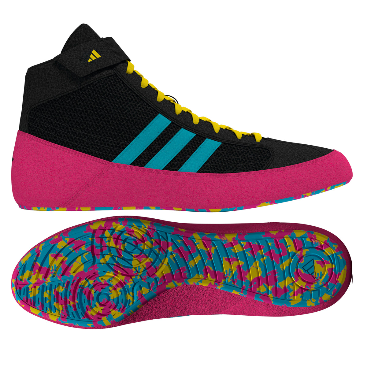 Black high-top wrestling shoes with a breathable mesh upper, bright yellow laces, teal side stripes, and a pink suede-like midsole wrap; shown from side and sole views, featuring a colorful teal, pink, and yellow patterned outsole with Adidas logo for grip, stability, and mat control.