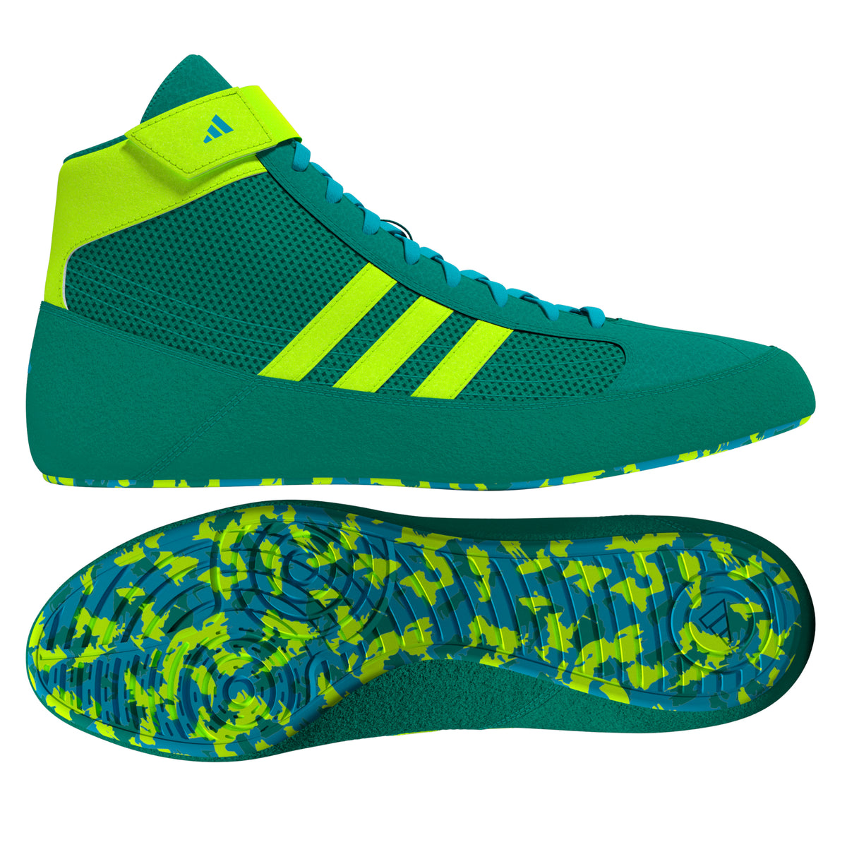 Teal high-top wrestling shoes with a breathable mesh upper, teal laces, neon green ankle strap and side stripes, and a teal suede-like midsole wrap; shown from side and sole views, featuring a teal and neon green patterned outsole with Adidas logo for grip, stability, and mat control.