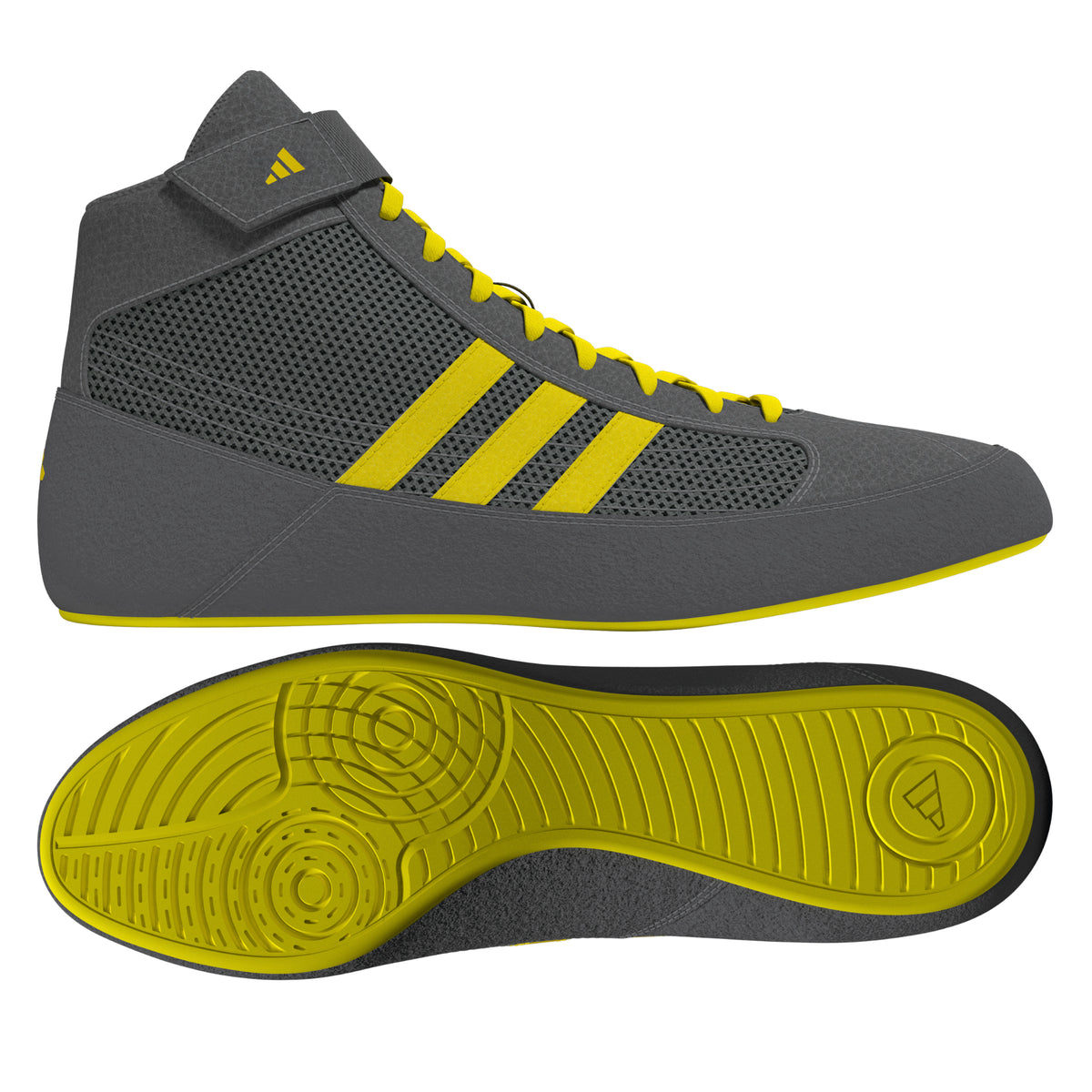 Gray high-top wrestling shoes with a breathable mesh upper, yellow laces, yellow ankle strap logo, and three yellow diagonal stripes on the side; shown from side and sole views, featuring a bright yellow low-profile outsole with circular traction patterns and Adidas logo for grip, stability, and mat control.