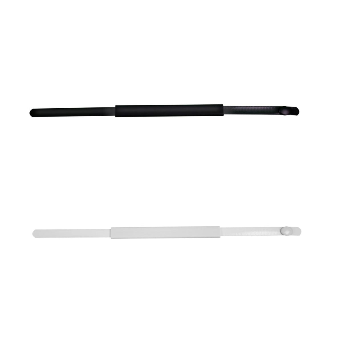 Two slim, adjustable athletic straps shown horizontally on a white background—one black strap on top and one white strap below—each with a smooth cylindrical padded center section and a snap-style button end for secure fastening.